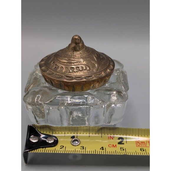Vintage Brass Ornate Floral Inkwell with Glass Bottle & Lid - Picture 12 of 13